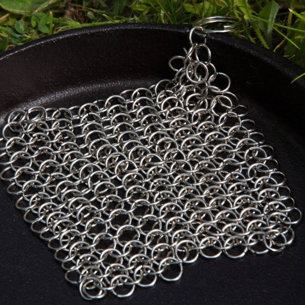 Handcrafted stainless steel chainmail scrubber designed for cleaning cast and wrought iron cookware, featured in Home & Decor, Household Cleaning, and Cleaning Utensils and Gadgets collections.