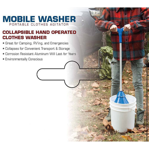Person using a collapsible hand-operated clothes washer with blue handle and aluminum rod inside a white bucket outdoors on fallen leaves, featured in Home & Decor, Laundry Supplies, Washers and Wash Day Accessories, and Best Sellers collections.