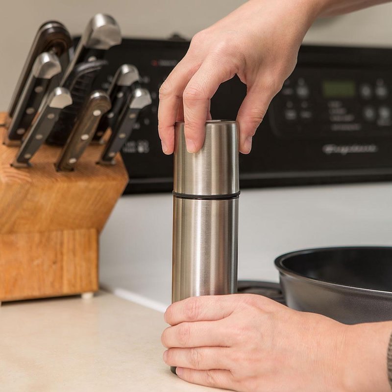 Brushed stainless steel non-aerosol mister with 8 oz capacity and removable pump, ideal for Kitchen & Food, Cookware, Baking Supplies, Kitchen Gadgets, and Best Sellers collections.