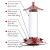Clear glass hummingbird feeder with brushed copper top and base, featuring four red flower-shaped feeding ports, metal hanger, and easy-removal design for Farm, Garden & Tool and Animal Care collections.