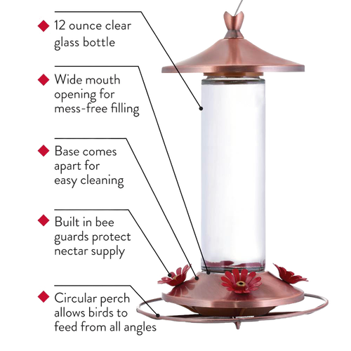 Clear glass hummingbird feeder with brushed copper top and base, featuring four red flower-shaped feeding ports, metal hanger, and easy-removal design for Farm, Garden & Tool and Animal Care collections.