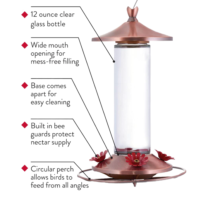 Clear glass hummingbird feeder with brushed copper top and base, featuring four red flower-shaped feeding ports, metal hanger, and easy-removal design for Farm, Garden & Tool and Animal Care collections.
