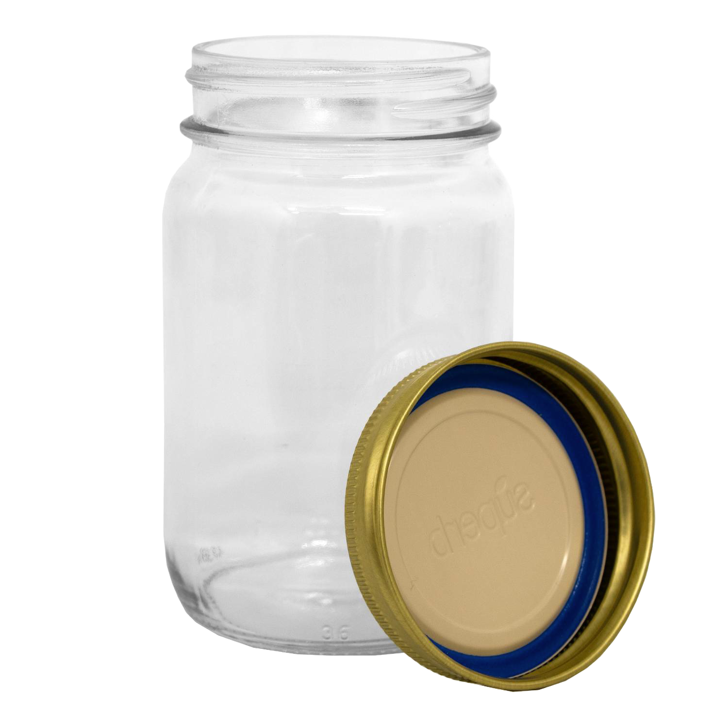 Clear regular-mouth glass canning jar paired with a durable metal lid featuring a blue sealing ring, crafted for reliable food preservation in Kitchen & Food and Canning collections.