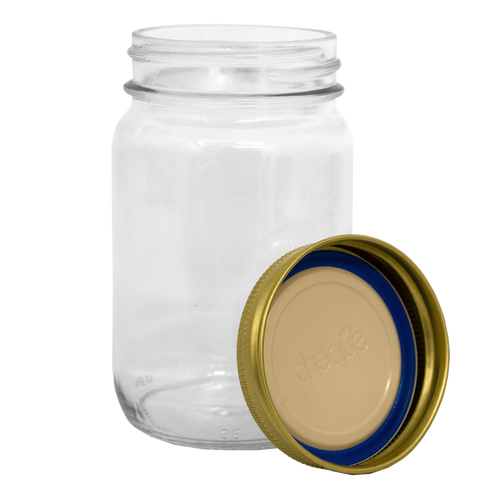 Clear regular-mouth glass canning jar paired with a durable metal lid featuring a blue sealing ring, crafted for reliable food preservation in Kitchen & Food and Canning collections.