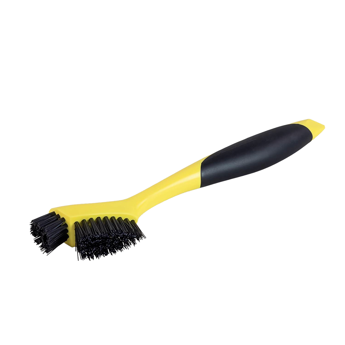 Yellow and black cleaning brush with two nylon bristle heads and molded plastic handle, designed for detailed cleaning of corners and grooves in cast iron cookware, ideal for Kitchen & Food, Cookware, Cast Iron, Best Sellers, and Promo Eligible collections.