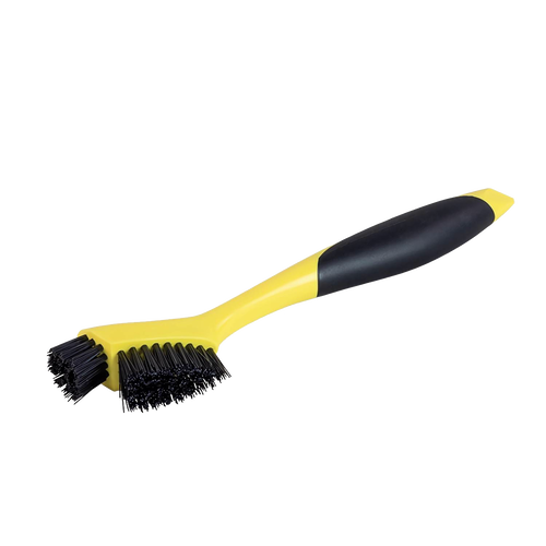 Yellow and black cleaning brush with two nylon bristle heads and molded plastic handle, designed for detailed cleaning of corners and grooves in cast iron cookware, ideal for Kitchen & Food, Cookware, Cast Iron, Best Sellers, and Promo Eligible collections.