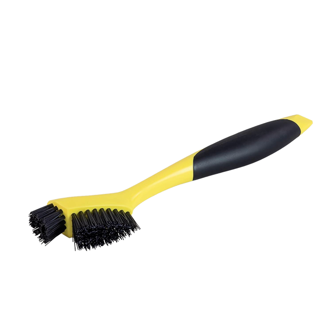 Yellow and black cleaning brush with two nylon bristle heads and molded plastic handle, designed for detailed cleaning of corners and grooves in cast iron cookware, ideal for Kitchen & Food, Cookware, Cast Iron, Best Sellers, and Promo Eligible collections.