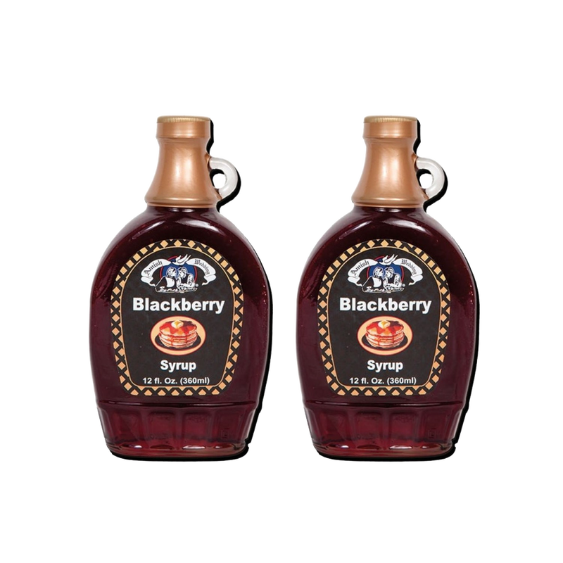 Pack of two handcrafted blackberry syrups in 12 fl. oz. glass bottles with copper-colored caps, made in USA, ideal for Kitchen & Food, Pantry, Best Sellers, and Promo Eligible collections.