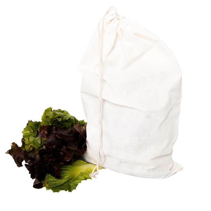 Reusable cloth salad storage bag with drawstring closure, designed to keep leafy greens fresh longer, ideal for Kitchen & Food, Storage and Serving, Best Sellers, and Promo Eligible collections.