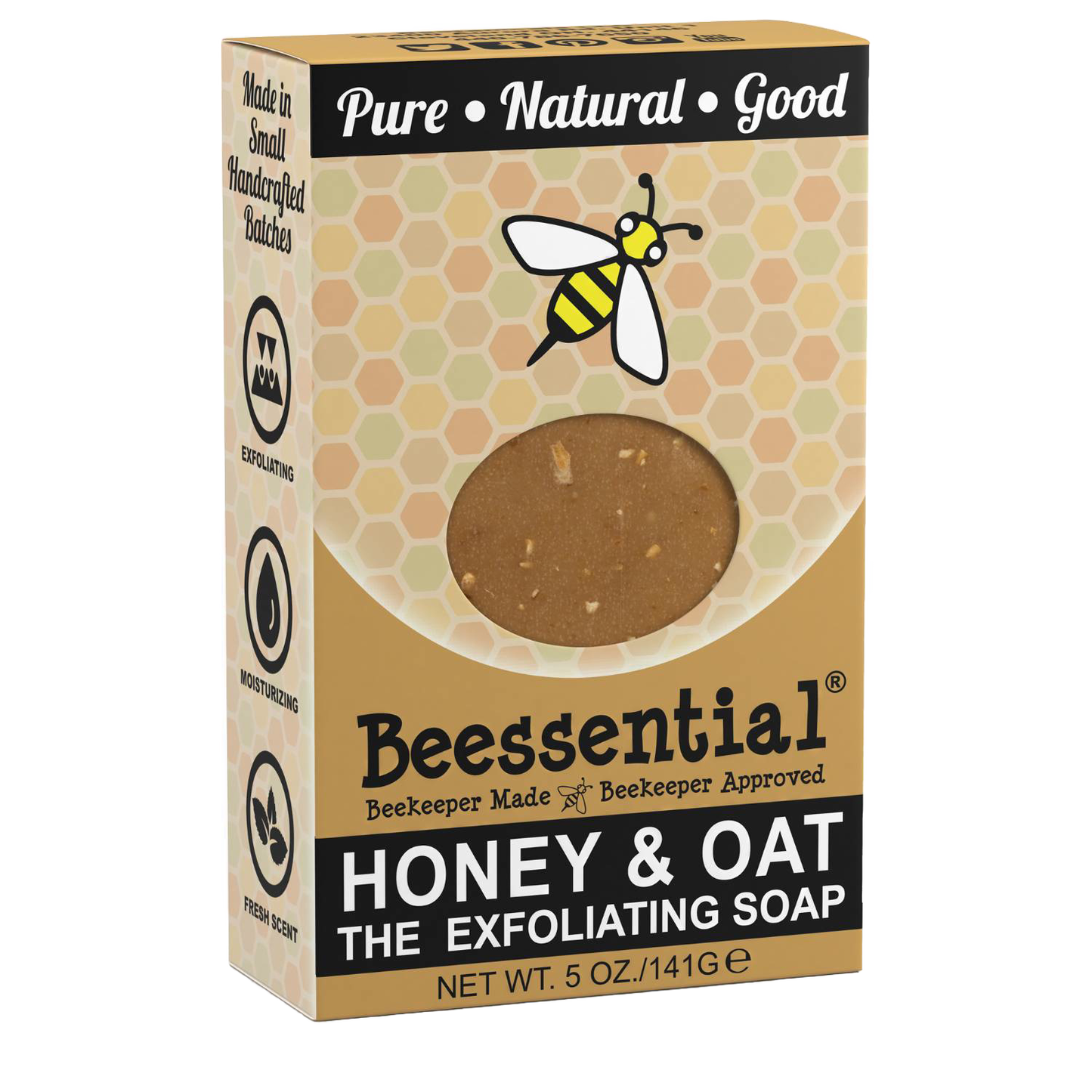 Packaging of Beessential Natural Handmade Soap featuring honey and oat exfoliating bar with natural ingredients, made in small batches, USA made, from collections including Health & Wellness and Grooming and Personal Hygiene.