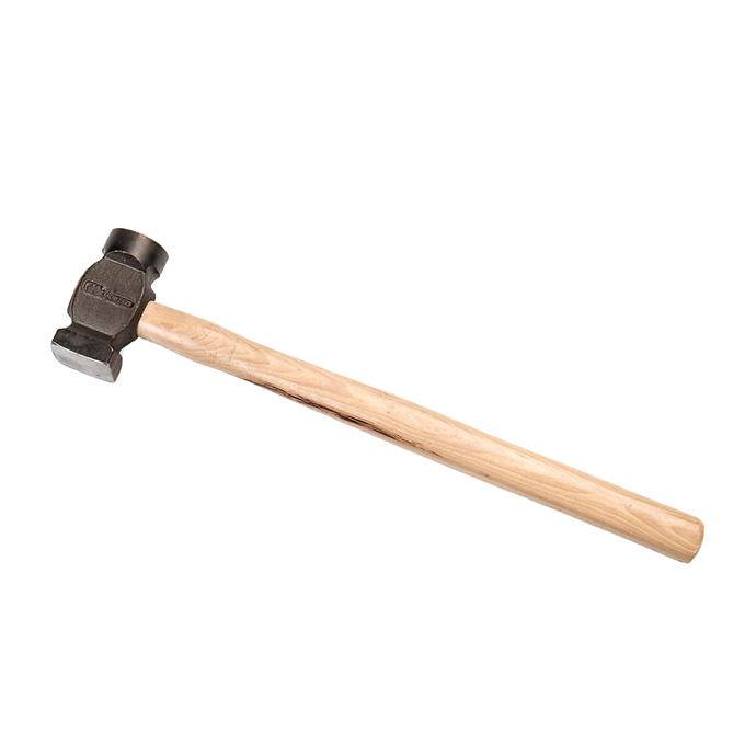 Steel farrier hammer with long wooden handle and balanced design, featuring rounding and square sides, ideal for farm tools, hand tools, and garden collections.
