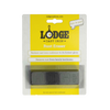 Rectangular rust eraser bar embossed with "LODGE" in clear packaging with yellow and white backing, designed for restoring cast iron cookware, featured in Kitchen & Food and Household Cleaning collections.