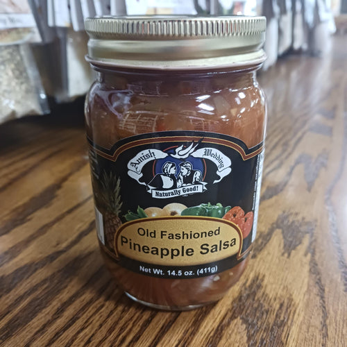 Handcrafted jar of Amish-style Old Fashioned Pineapple Salsa with thick, chunky texture, made in USA, ideal for Kitchen & Food, Snacks and Sweets, Pantry, USA Made, Best Sellers, and Promo Eligible collections.