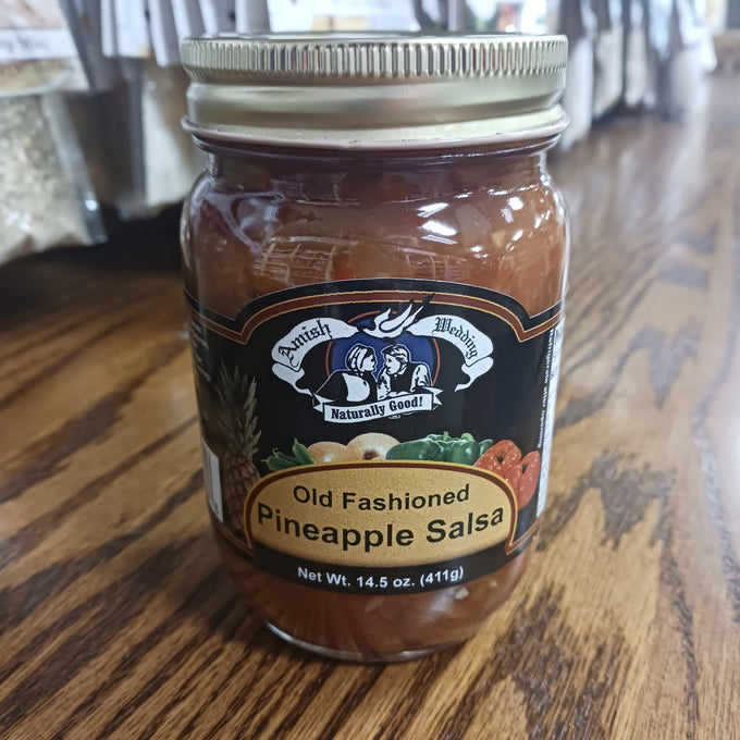 Handcrafted jar of Amish-style Old Fashioned Pineapple Salsa with thick, chunky texture, made in USA, ideal for Kitchen & Food, Snacks and Sweets, Pantry, USA Made, Best Sellers, and Promo Eligible collections.