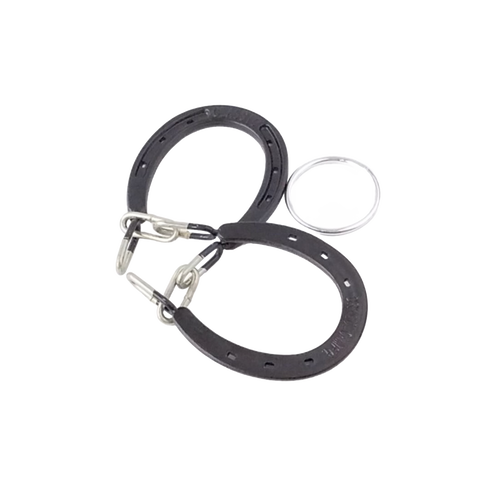 Handcrafted mild steel horseshoes connected by metal rings in a challenging, unique mind puzzle, featured in Toys, Books & Games, USA Made, and Best Sellers collections.