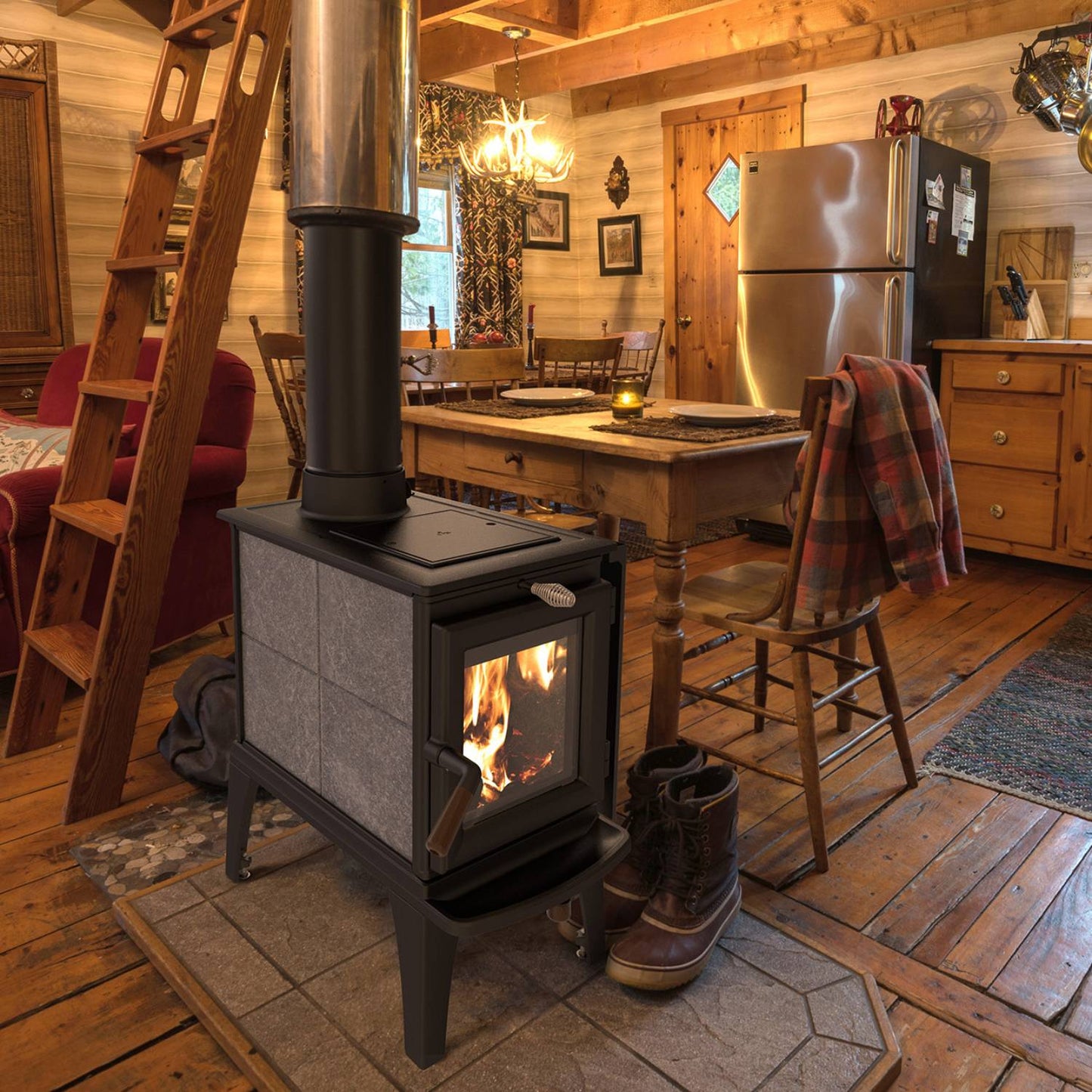 Compact wood heat stove with gray side panels and black metal frame featuring a visible roaring fire, heating a cozy rustic cabin interior with wooden floors and furniture, ideal for stoves, heatstoves, and best sellers collections.