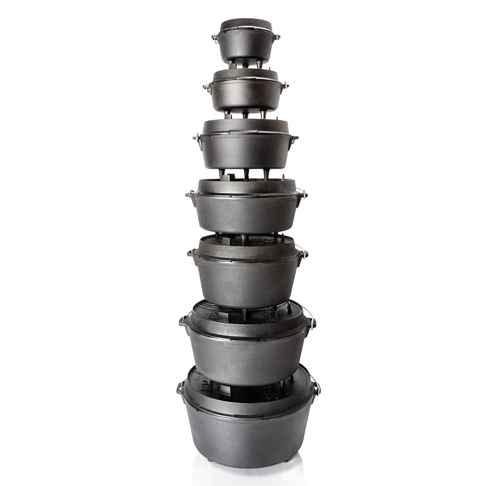 Stacked set of cast iron Dutch ovens with legs in various sizes, suitable for indoor and outdoor cooking, featured in Kitchen & Food, Cookware, Cast Iron, and Best Sellers collections.