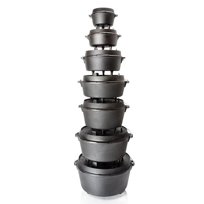 Stacked set of cast iron Dutch ovens with legs in various sizes, suitable for indoor and outdoor cooking, featured in Kitchen & Food, Cookware, Cast Iron, and Best Sellers collections.