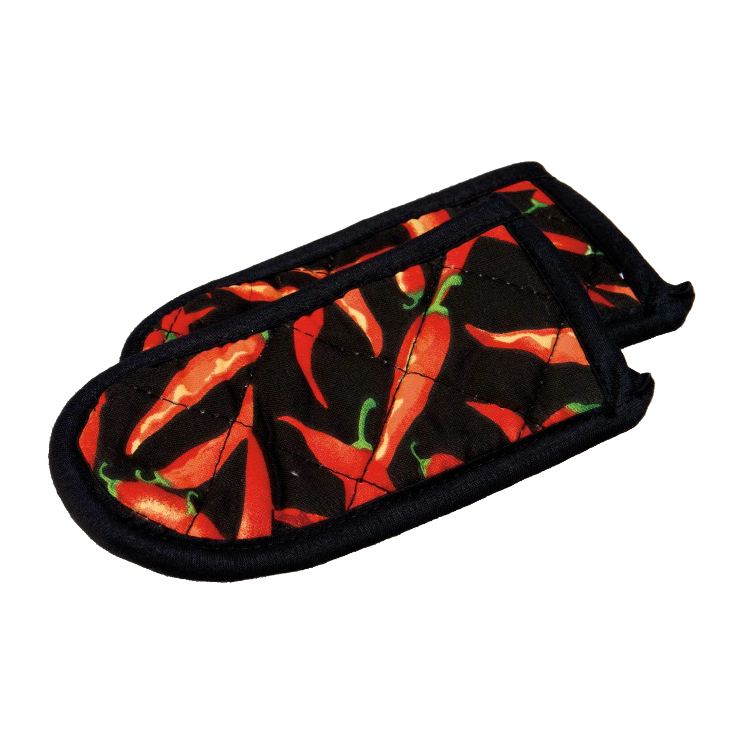 Pair of padded hot handle covers featuring a vibrant red chili pepper pattern on black background with black trim, protecting hands from heat in Kitchen & Food, Cookware, Cast Iron, and Best Sellers collections.
