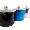 Three 21.5-quart water bath canners in black, blue, and stainless steel with glass lids and black handles, designed for food preservation and canning in the Kitchen & Food collection.