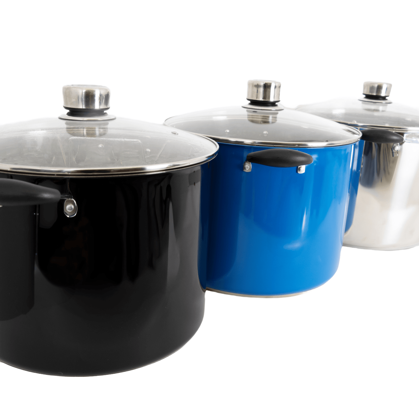 Three 21.5-quart water bath canners in black, blue, and stainless steel with glass lids and black handles, designed for food preservation and canning in the Kitchen & Food collection.