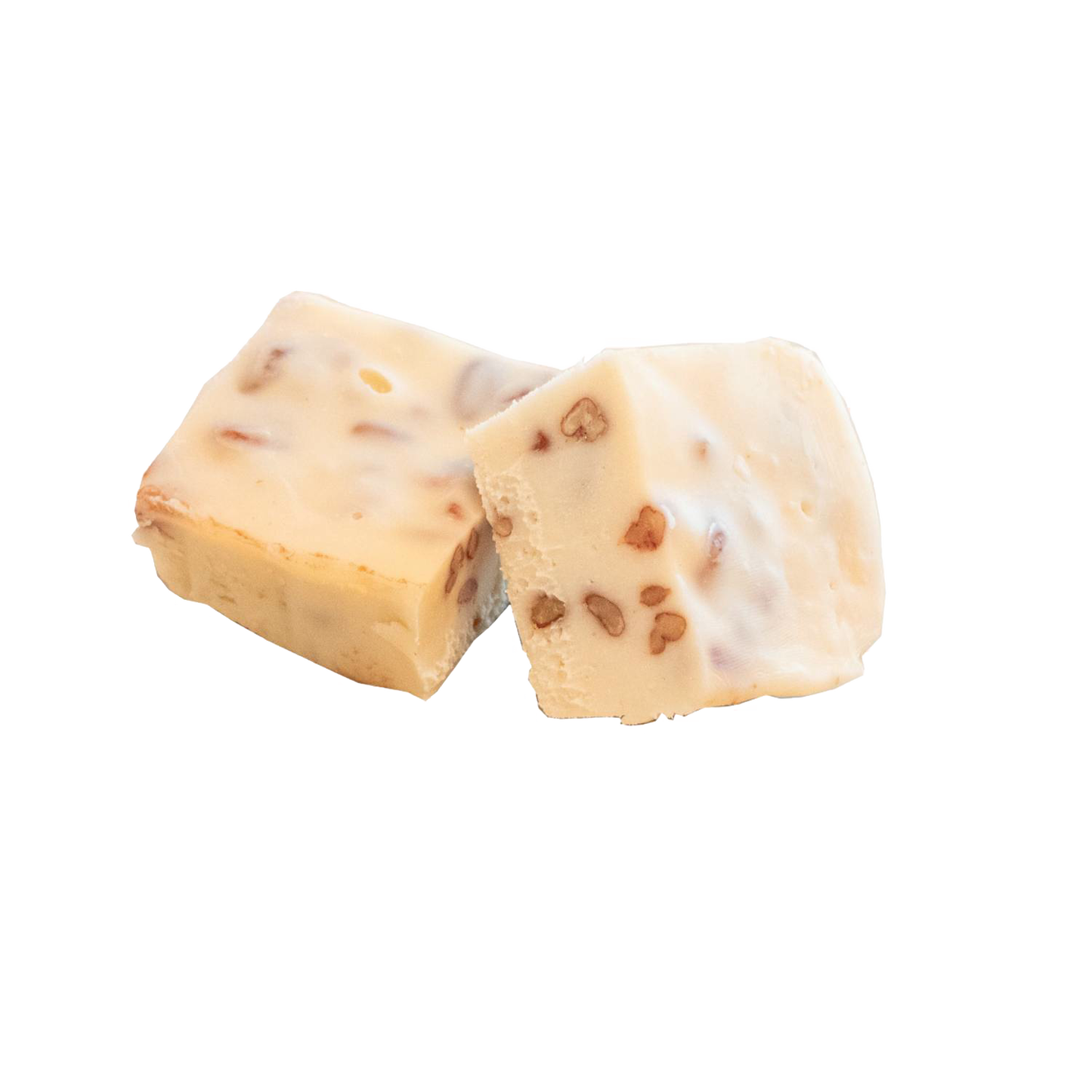 Two handcrafted creamy white fudge squares with embedded walnut pieces, showcasing a smooth, melt-in-your-mouth texture from a unique Amish-made recipe, featured in Kitchen & Food, Snacks and Sweets, USA Made, Best Sellers, Promo Eligible collections.