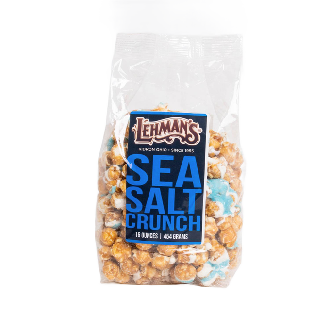 Clear bag of handcrafted Lehman's sea salt caramel popcorn crunch with a mix of caramel and sea salt flavors, made in USA and featured in Kitchen & Food, Snacks and Sweets, Popcorn, and Best Sellers collections.