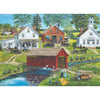 Colorful vintage puzzle illustration depicting a handcrafted covered bridge in a rural farming village scene with grocery store, garage, meeting house, and families by the water, featured in Toys, Books & Games, USA Made, and Best Sellers collections.