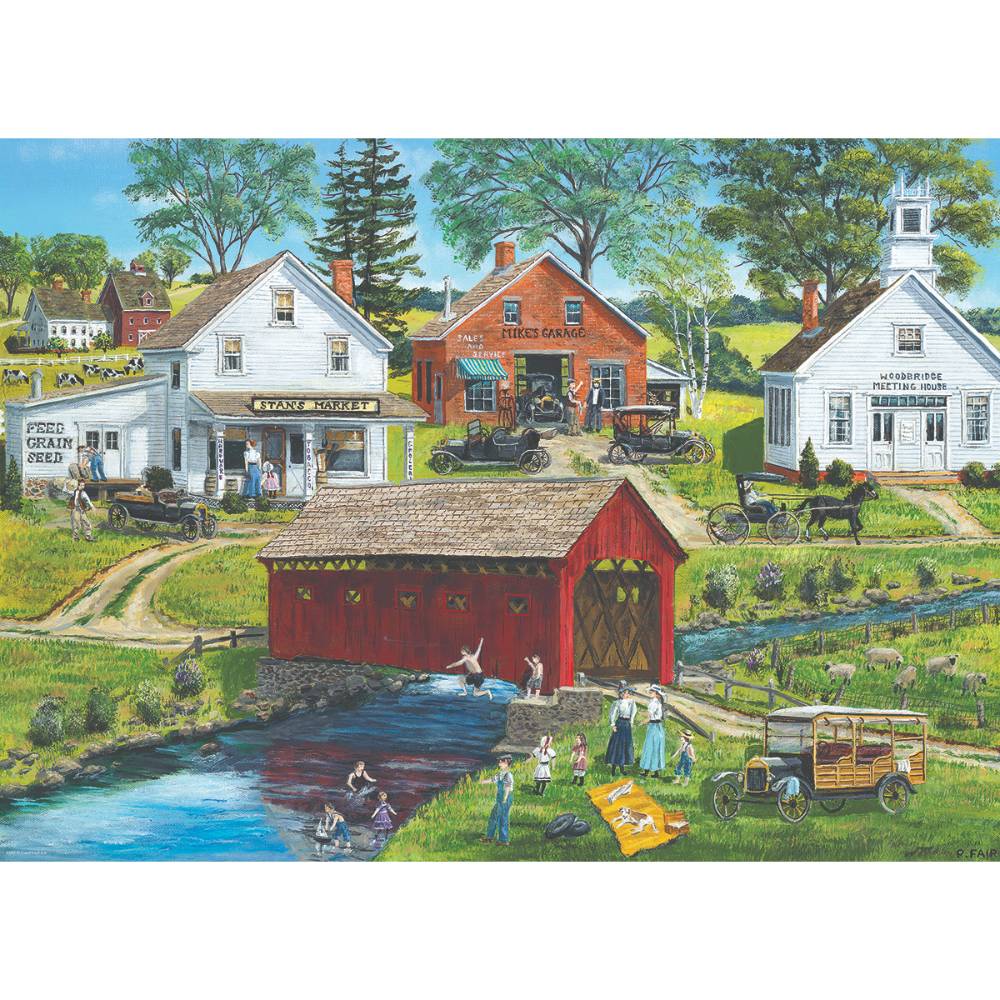 Colorful vintage puzzle illustration depicting a handcrafted covered bridge in a rural farming village scene with grocery store, garage, meeting house, and families by the water, featured in Toys, Books & Games, USA Made, and Best Sellers collections.