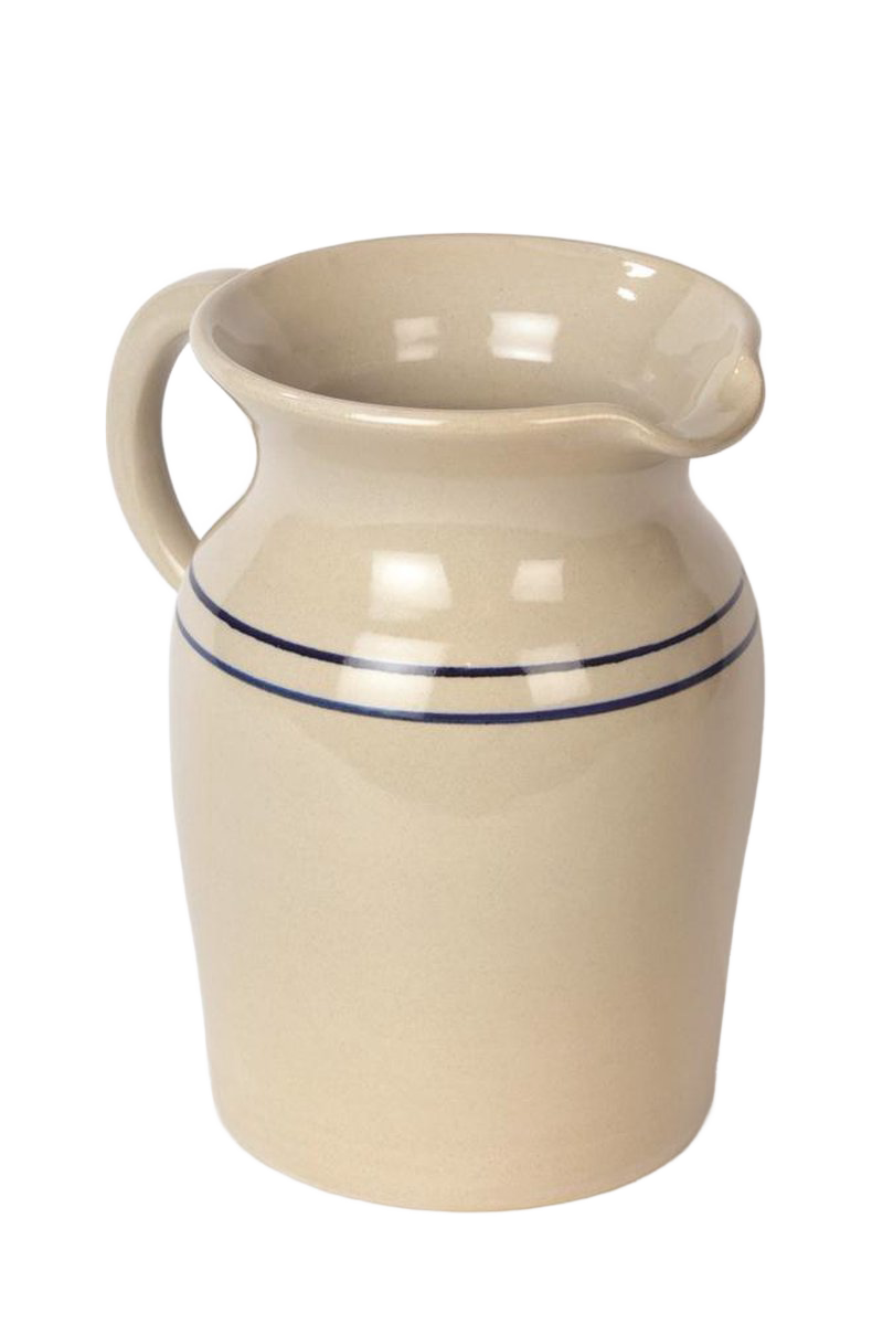 Handcrafted durable glazed stoneware cream pitcher with two blue stripes, lead-free and made in USA, ideal for Kitchen & Food, Dinnerware, Holiday Hosting, Storage and Serving collections.