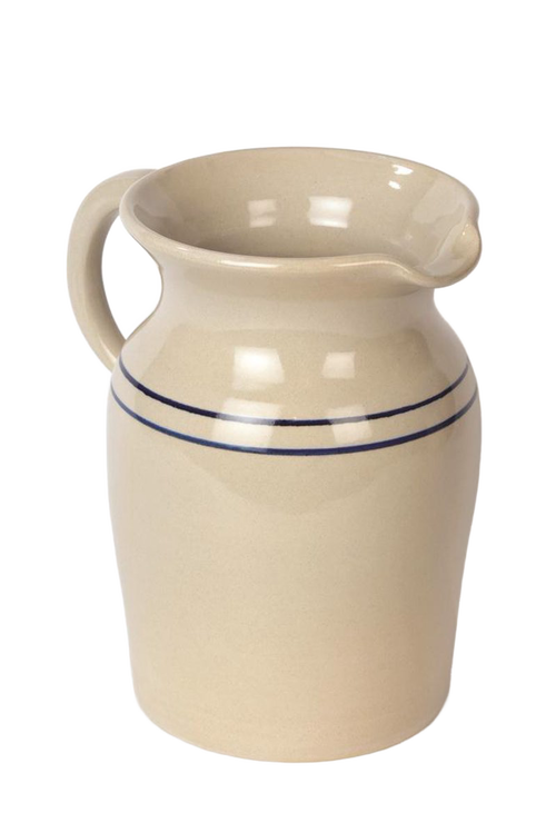 Handcrafted durable glazed stoneware cream pitcher with two blue stripes, lead-free and made in USA, ideal for Kitchen & Food, Dinnerware, Holiday Hosting, Storage and Serving collections.
