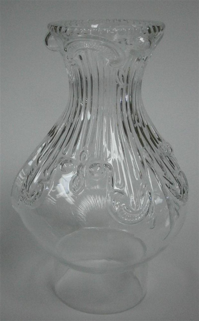 Handcrafted clear glass lamp chimney with intricate raised feather pattern, fitting #2 and #3 burners, part of Lamps & Lighting, Parts and Accessories, and Chimneys and Globes collections.