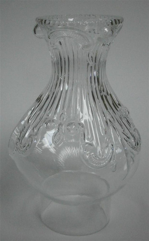 Handcrafted clear glass lamp chimney with intricate raised feather pattern, fitting #2 and #3 burners, part of Lamps & Lighting, Parts and Accessories, and Chimneys and Globes collections.