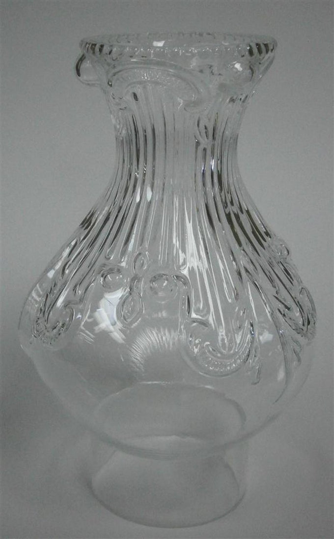 Handcrafted clear glass lamp chimney with intricate raised feather pattern, fitting #2 and #3 burners, part of Lamps & Lighting, Parts and Accessories, and Chimneys and Globes collections.