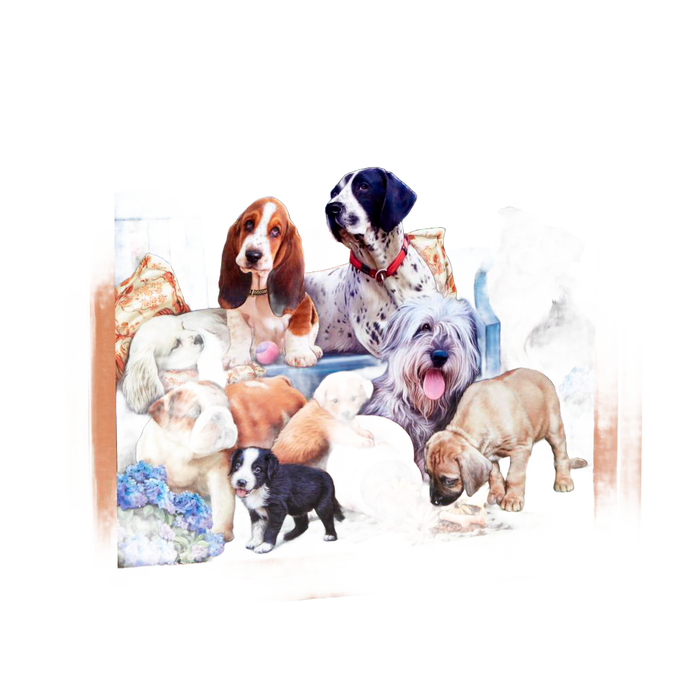Colorful scene of various dog breeds gathered around a blue bench with flowers and toys, captured in a vibrant, hand-illustrated style for puzzles and games collections.