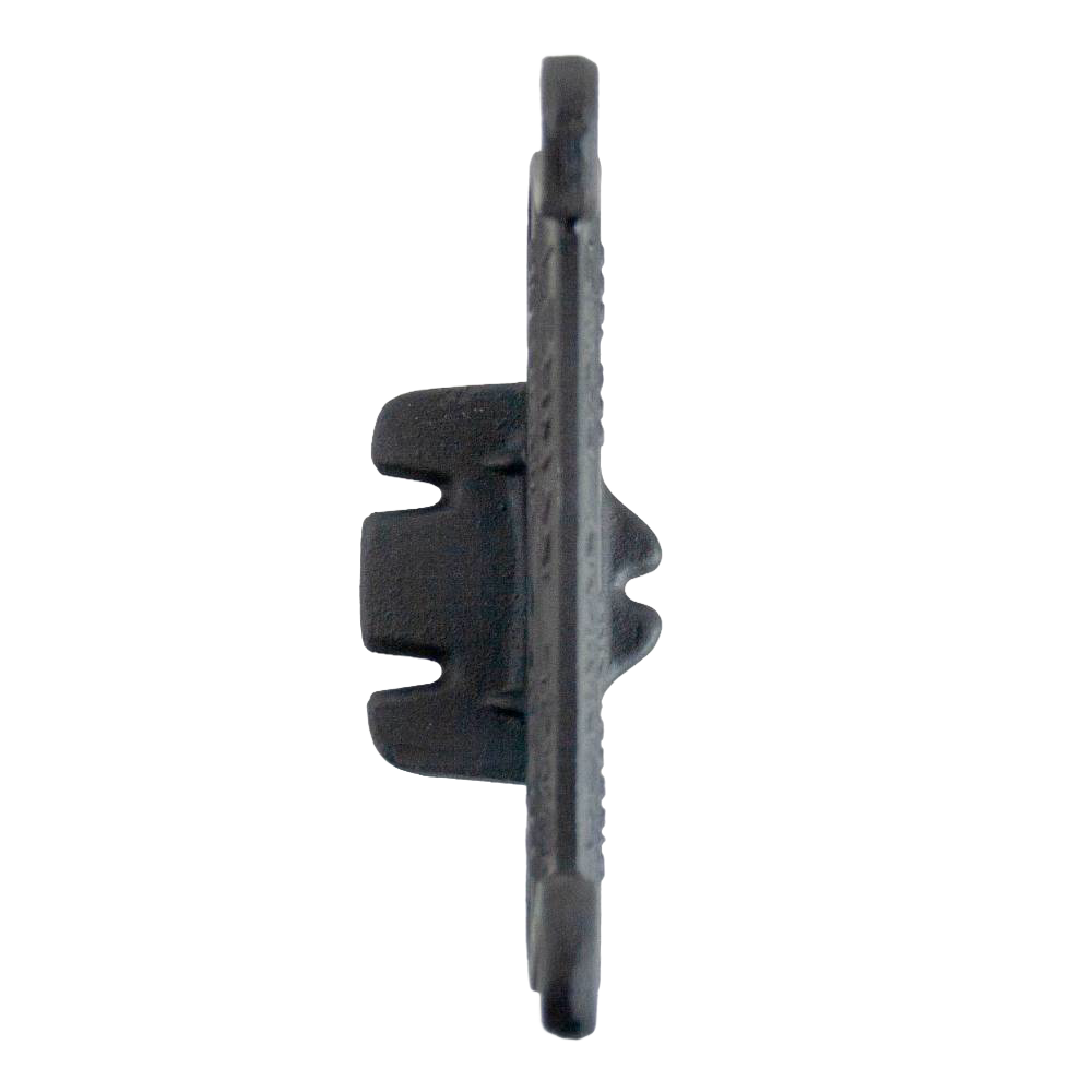 Side profile of a glossy black cast aluminum boot scraper featuring a vintage scroll design, handcrafted by Amish artisans in the USA, ideal for Home & Decor and Household Helpers collections.