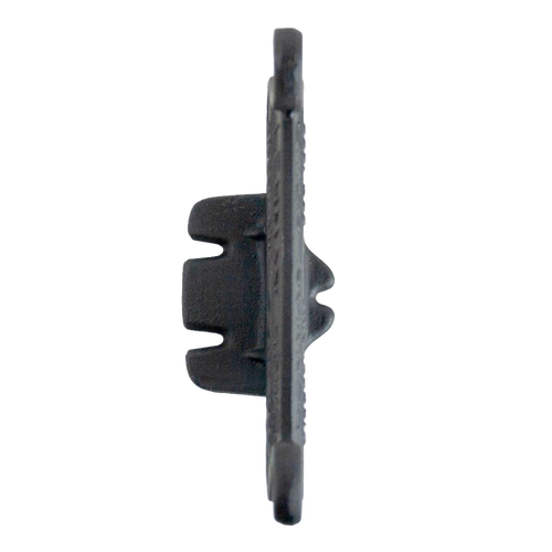 Side profile of a glossy black cast aluminum boot scraper featuring a vintage scroll design, handcrafted by Amish artisans in the USA, ideal for Home & Decor and Household Helpers collections.