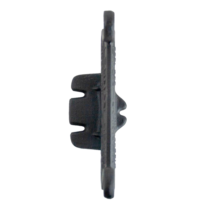 Side profile of a glossy black cast aluminum boot scraper featuring a vintage scroll design, handcrafted by Amish artisans in the USA, ideal for Home & Decor and Household Helpers collections.