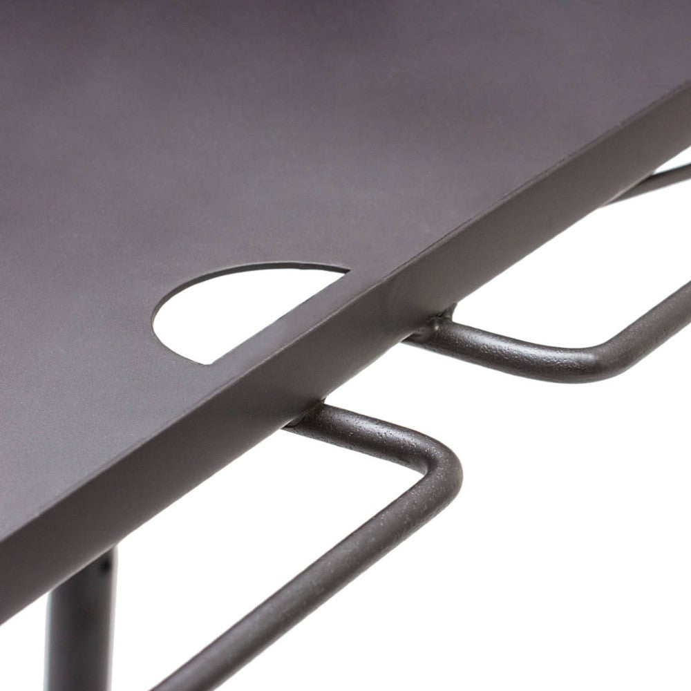 Close-up of a solid steel outdoor cooking table corner with built-in handle, designed for stability and convenience in camping, farm, garden, and Best Sellers collections.
