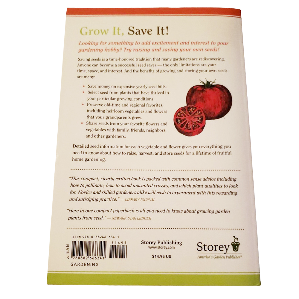 Back cover of a garden how-to book featuring tips on saving and growing seeds, with a tomato illustration and publisher information, ideal for books and home gardening collections.