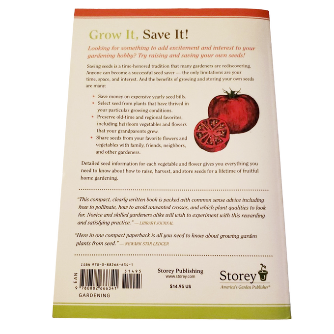 Back cover of a garden how-to book featuring tips on saving and growing seeds, with a tomato illustration and publisher information, ideal for books and home gardening collections.