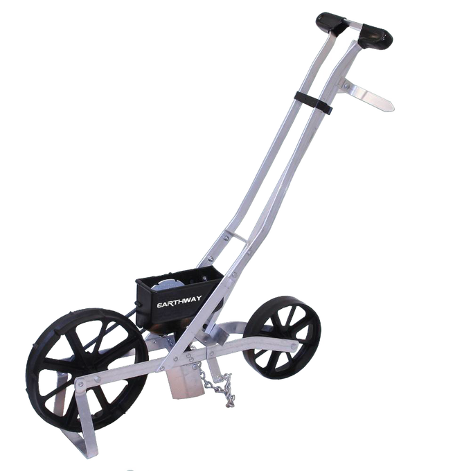 Handcrafted versatile garden seeder with sturdy metal frame and large spoked wheels, designed for precise planting in farm, garden & tool, seeds and planting, USA Made, and best sellers collections.