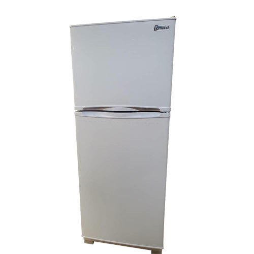 Compact white gas refrigerator with top freezer and smooth exterior, designed for small spaces and part of USA Made and Appliances collections.