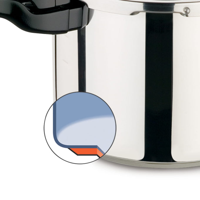 Close-up of the durable stainless steel base corner of a pressure cooker, highlighting its tri-ply construction for even heat distribution, ideal for kitchen & food, cookware, and best sellers collections.