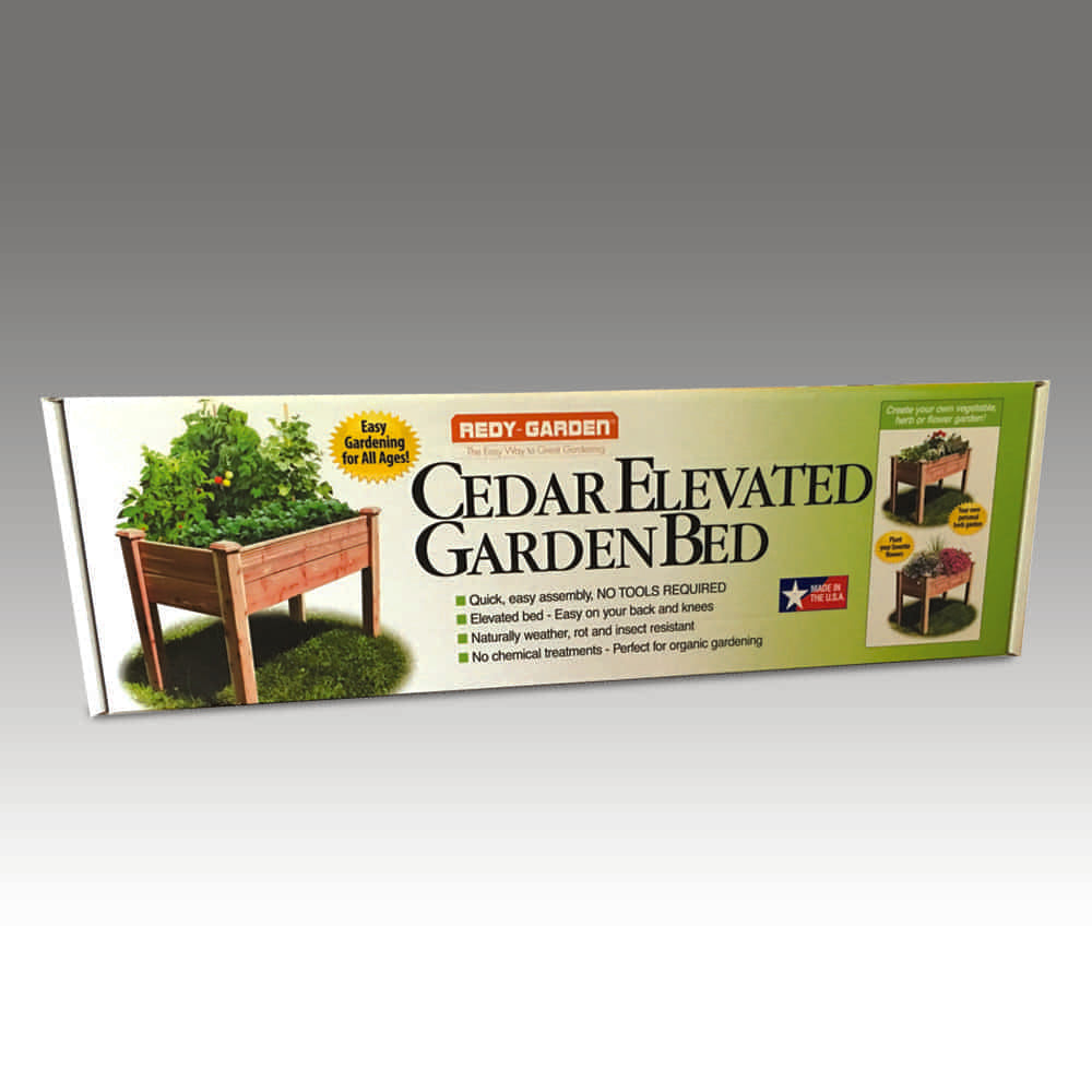 Packaging for handcrafted cedar elevated garden bed made in USA, designed for easy assembly and organic gardening, featured in Farm, Garden & Tool, Garden Accessories, Seeds and Planting, and Best Sellers collections.