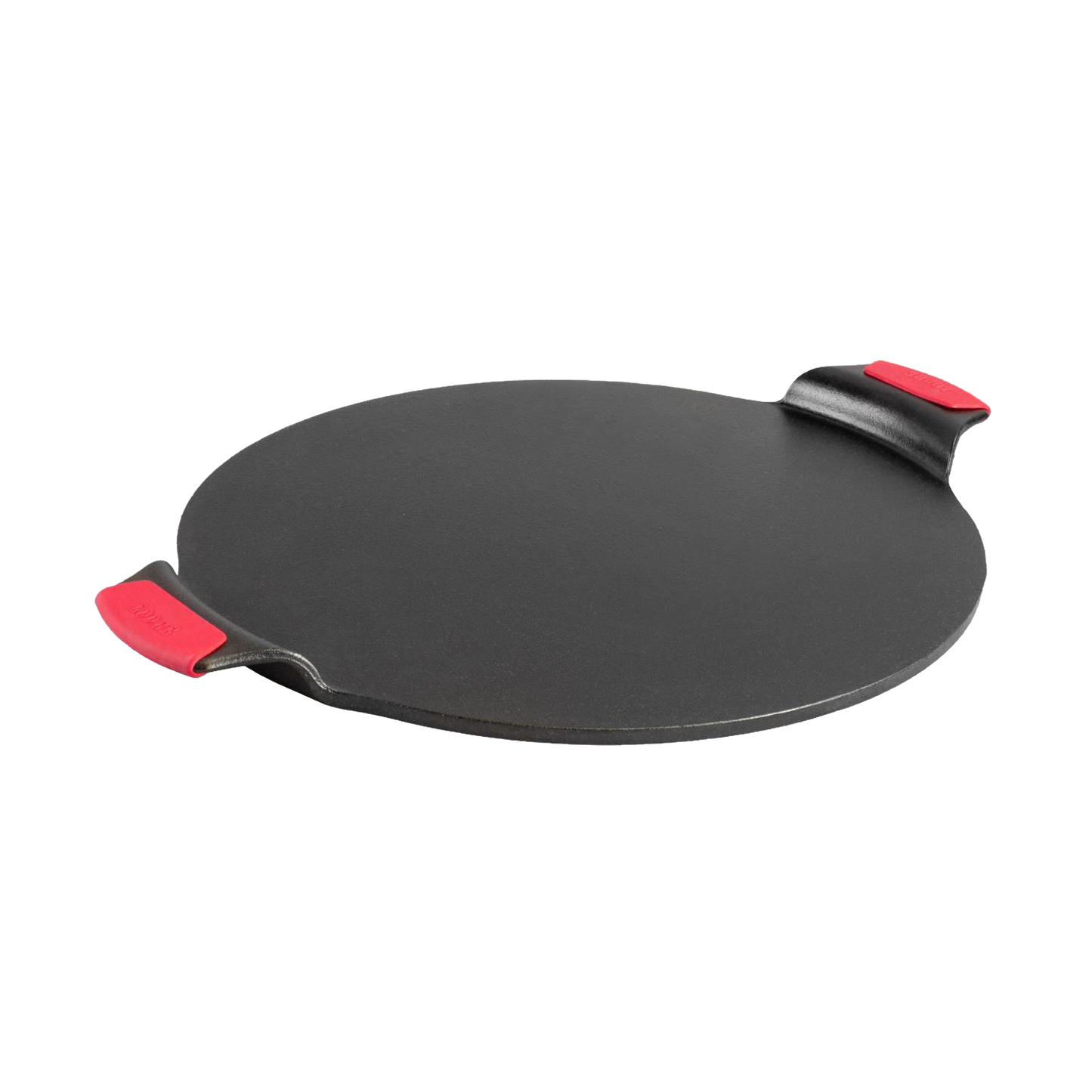 Handcrafted seasoned cast iron pizza pan with dual handles featuring red silicone grips, designed for edge-to-edge baking, ideal for Kitchen & Food, Cookware, Cast Iron, USA Made, and Best Sellers collections.