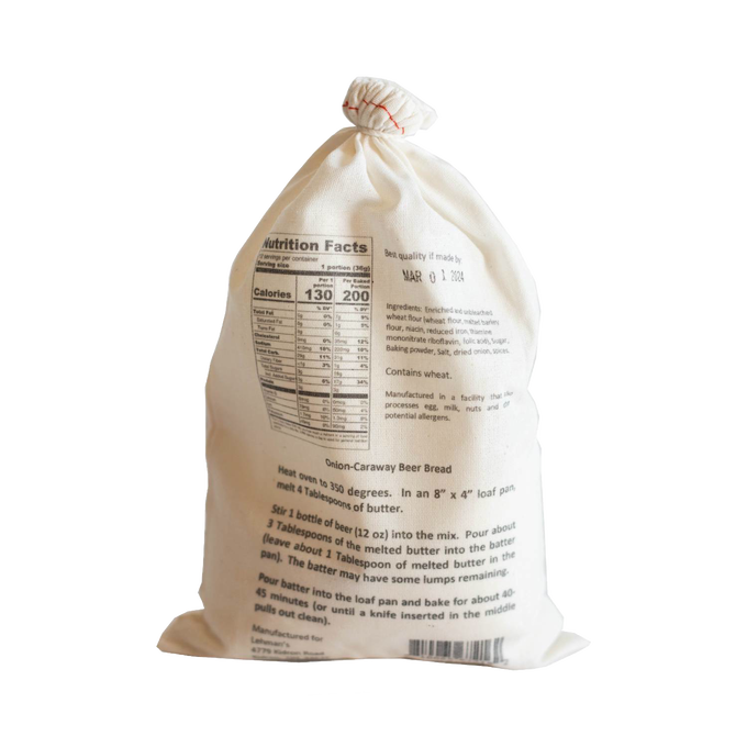 Soft fabric drawstring bag with handcrafted bread mix in choice of flavors, displaying baking instructions and nutrition facts, ideal for Kitchen & Food, Pantry, Dry Goods and Mixes, and Best Sellers collections.