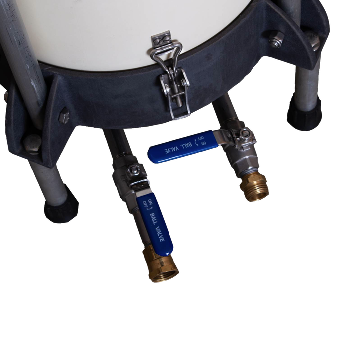 Close-up of the freestanding Amish made sausage stuffer base showing durable metal legs and two blue-handled ball valves, designed for high-capacity bulk sausage making in Kitchen & Food and Butchering Supplies.