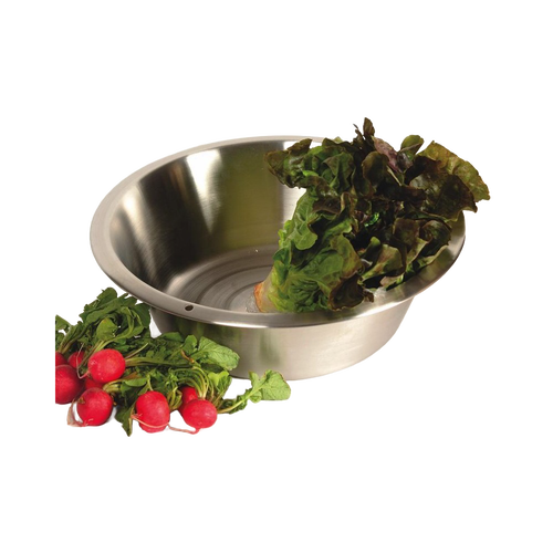 Round stainless steel basin with a flat base holding fresh leafy lettuce, shown alongside radishes, crafted for versatile use in Home & Decor, Household Cleaning, and Cleaning Utensils collections.