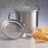 Stainless steel grease keeper with handle and fine mesh strainer for filtering bacon and hamburger grease, ideal for Kitchen & Food and Storage and Serving collections.